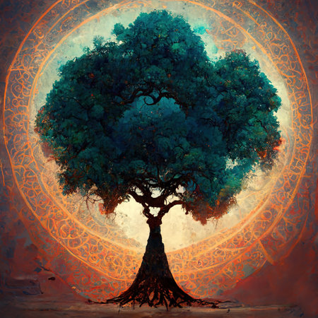 Beautiful illustration of magic tree of life, sacred symbol. Personal individuality, prosperity and growth concept.  Generative AIの素材
