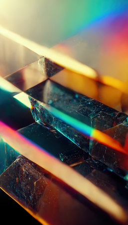Shiny glass crystals and prisms with color spectrum rays. Abstract rainbow color beams optic reflection effects background. Generative AIの素材