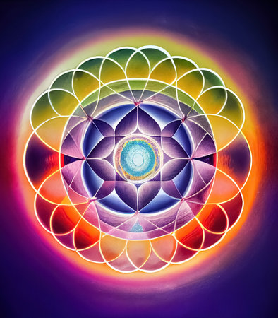 Abstract design of chakra or astral energy field. Meditation chakra mandala flower. Spiritual healing concept. Generative AIの素材