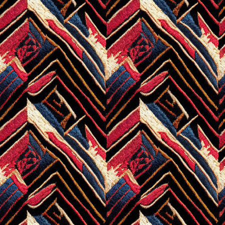 Embroidered abstract design fabric seamless pattern. Colorful repeating textile backdrop. Vintage style fashion design. Generative AIの素材
