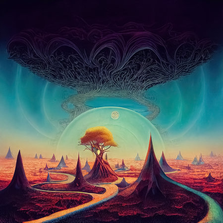 Psychedelic surreal landscape. Illustration of spiritual journey insight. LSD, magic mushrooms or ayahuasca fantasy experience. Generative AIの素材
