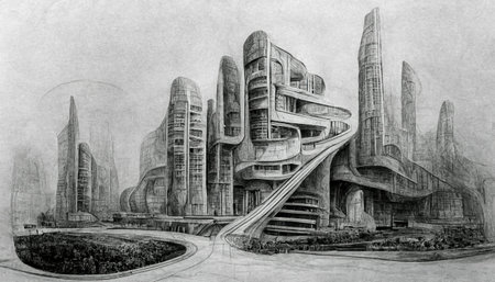 Futuristic surreal urban modern architecture in pencil drawing style. Fantasy alien city scene. Abstract future buildings sketch. Generative AIの素材