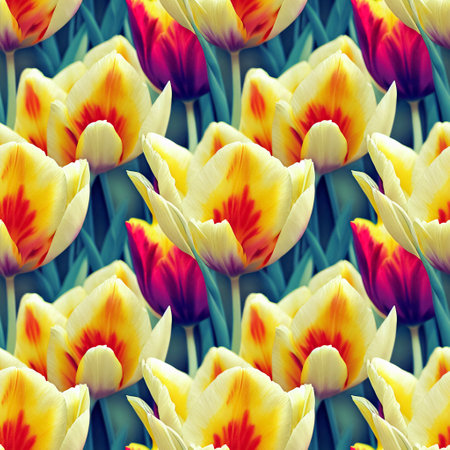 Beautiful natural tulips decorative seamless background. Romantic flowers luxury repeating backdrop. Generative AIの素材