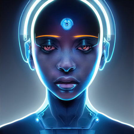 Futuristic sci-fi fantasy cyberpunk woman. Artificial intelligence, virtual reality, cybernetic technology concept. Generative AIの素材