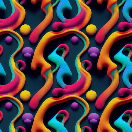 Creative abstract colorful funky surreal dynamic liquid 3D forms substance seamless pattern. Trendy psychedelic background for posters, covers, banners, backdrops, wallpapers. Generative AIの素材