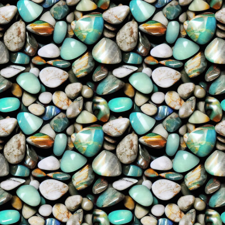 Polished tumbled gemstones seamless pattern. Rounded colorful pebbles, minerals, rocks repeating background. Generative AIの素材