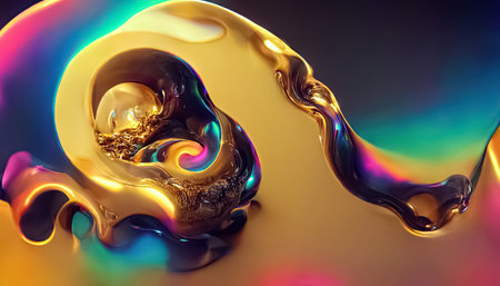 Creative multicolored neon gold abstract dynamic twisted swirls fluid liquid shape background. Trendy psychedelic design for posters, covers, banners, backdrops. Generative AI.の素材