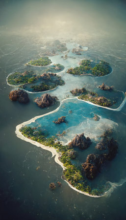 Aerial view of realistic small exotic atoll islands archipelago in the open ocean sea. Beautiful nature landscape background. Generative AIの素材