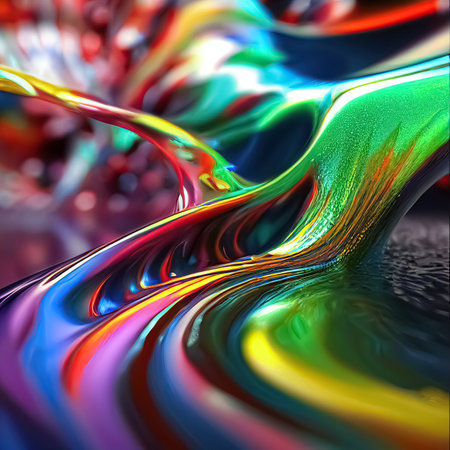 Rainbow colors realistic liquid glossy plastic dynamic fluid abstract background. Multicolored shiny melted plastic wavy texture. Generative AIの素材