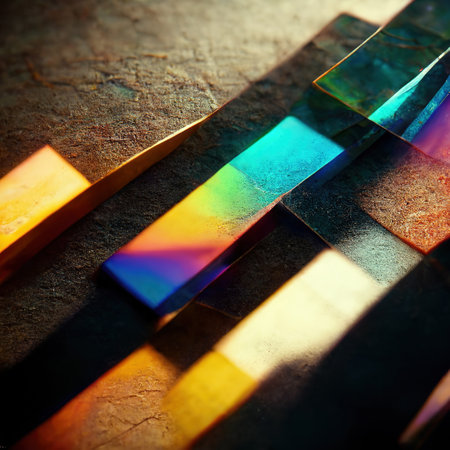 Shiny glass crystals and prisms with color spectrum rays. Abstract rainbow color beams optic reflection effects background. Generative AIの素材