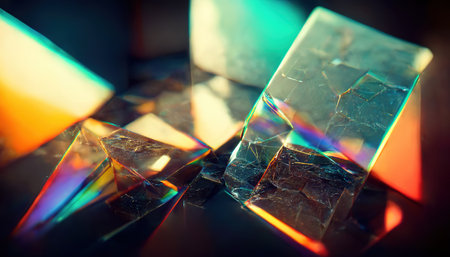 Shiny glass crystals and prisms with color spectrum rays. Abstract rainbow color beams optic reflection effects background. Generative AIの素材