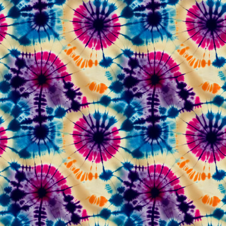 Colorful psychedelic tie dye style seamless pattern. Hippie textile batik ornamental background texture. Generative AIの素材