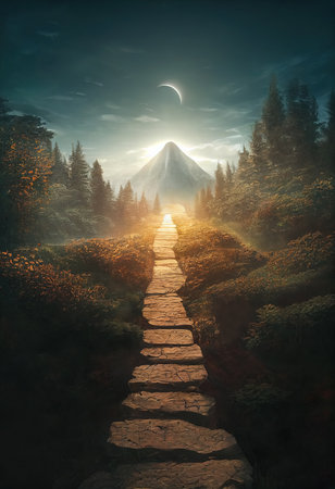 Beautiful dramatic mysterious landscape with spiritual pathway to heaven. Way to success and personal growth concept. Generative AIの素材