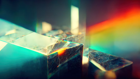 Shiny glass crystals and prisms with color spectrum rays. Abstract rainbow color beams optic reflection effects background. Generative AIの素材