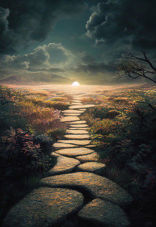 Beautiful dramatic mysterious landscape with spiritual pathway to heaven. Way to success and personal growth concept. Generative AIの素材