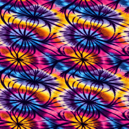 Colorful psychedelic tie dye style seamless pattern. Hippie textile batik ornamental background texture. Generative AIの素材