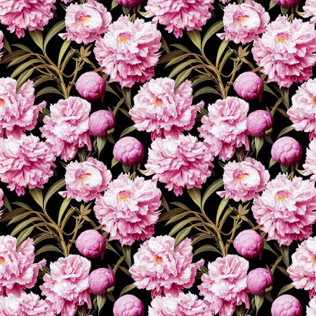 Beautiful seamless peony flowers pattern. Decorative luxury floral repeat background. Summer blooming garden pattern. Generative AIの素材
