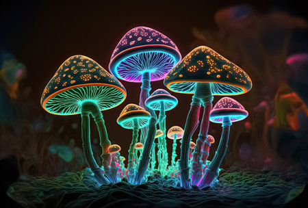 Fantasy illustration of neon color glowing magic mushrooms. Psychedelic trippy luminous background. Shamanic and spiritual concept. Generative AIの素材