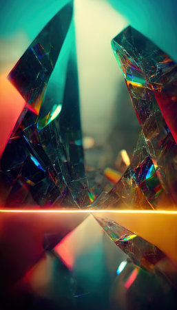 Shiny glass crystals and prisms with color spectrum rays. Abstract rainbow color beams optic reflection effects background. Generative AIの素材