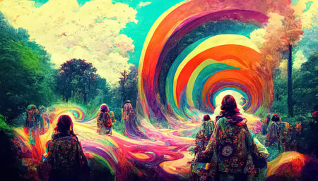 Psychedelic trippy LSD or magic mushrooms hallucinations hippie concept design. Drugs vibrant multicolored surreal fantasy background. Generative AIの素材