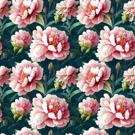 Beautiful seamless peony flowers pattern. Decorative luxury floral repeat background. Summer blooming garden pattern. Generative AIの素材