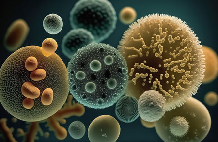 Background with macro shot of abstract colorful various bacteria, germs and viruses. Concept of science, medicine, microbiology. Generative AI.の素材