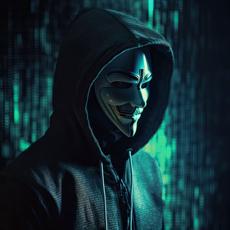 Unknown hacker hiding face in mask. Internet, cyberspace and data security concept. Hacking computer system, data thief, cyber attack. Generative Ai.の素材