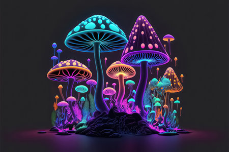 Fantasy illustration of neon color glowing magic mushrooms. Psychedelic trippy luminous background. Shamanic and spiritual concept. Generative AIの素材