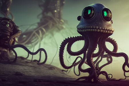 Futuristic aliens with tentacles. Illustration of science fiction space invaders galaxy monsters, extraterrestrial species. Sci-fi galactic life concept. Generative AIの素材