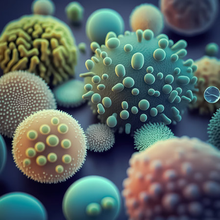 Background with macro shot of abstract colorful various bacteria, germs and viruses. Concept of science, medicine, microbiology. Generative AI.の素材