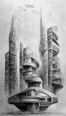 Futuristic surreal urban modern architecture in pencil drawing style. Fantasy alien city scene. Abstract future buildings sketch. Generative AIの素材