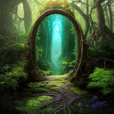 Magic beautiful landscape with portal in mystic fairy tale forest. Gate to parallel fantasy world. Passage to surreal unreal mystic land. Generative AIの素材