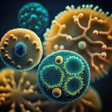 Background with macro shot of abstract colorful various bacteria, germs and viruses. Concept of science, medicine, microbiology. Generative AI.の素材