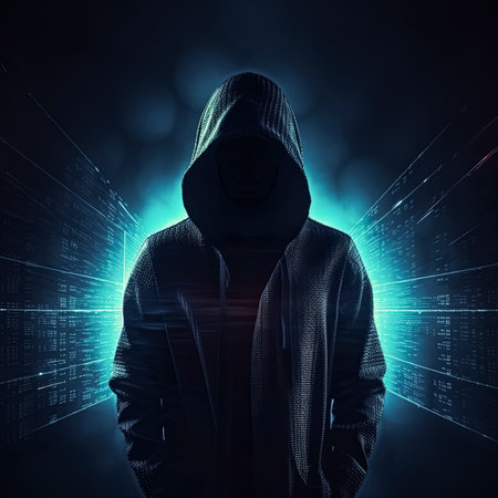 Unknown hacker hiding face in mask on cyber background. Internet, compyter system, cyberspace and data security concept. Generative AI.の素材