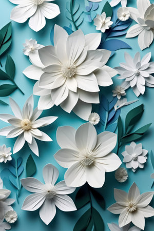 Creative paper abstract 3D flowers background. Beautiful elegant floral design. Spring summer modern backdrop. Generative AI.の素材