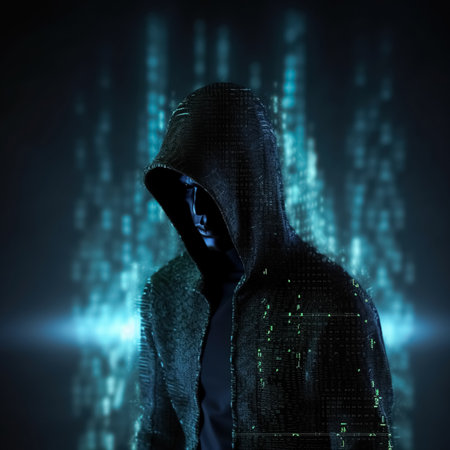Unknown hacker hiding face in mask on cyber background. Internet, compyter system, cyberspace and data security concept. Generative AI.の素材