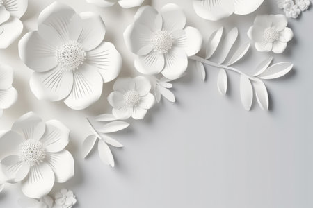White paper abstract 3D flowers background. Beautiful romantic floral design. Elegant creative backdrop. Generative AI.の素材