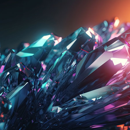 Shiny iridescent crystal glass prisms with color spectrum rays. Abstract rainbow color beams optic reflection effects background. Generative AI.の素材