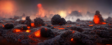 Apocalyptic volcanic landscape with hot flowing lava and smoke and ash clouds. Dangerous nature environment. Eruption of active volcano. Generative AIの素材