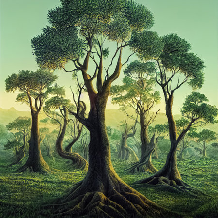 Prehistoric antediluvian forest landscape with primitive trees and ferns. Tropical primeval environment. Paleontology concept illustration. Generative AIの素材