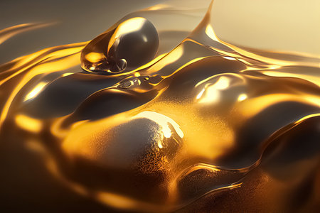 Liquid gold metallic dynamic glossy fluid abstract luxurious background. Shiny melted gold splash. Generative AIの素材