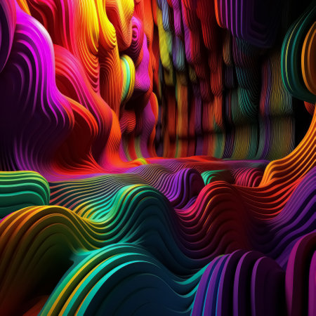 Abstract wavy colorful 3D futuristic background. Trendy creative dynamic wallpaper design. Generative AI.の素材