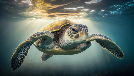 Close up portrait of a sea turtle underwater. Endangered wildlife and ocean ecosystem concept. Beautiful marine life background. Generative AIの素材