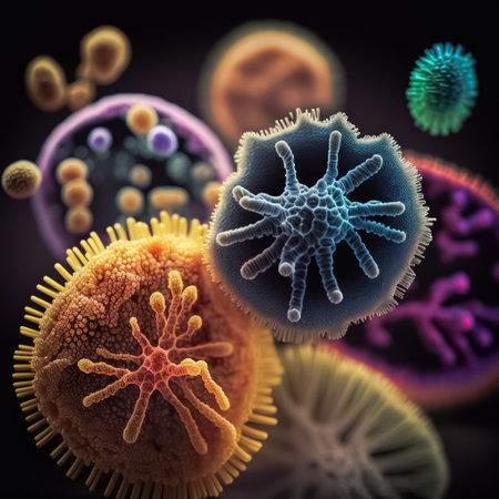 Background with macro shot of abstract colorful various bacteria, germs and viruses. Concept of science, medicine, microbiology. Generative AI.の素材