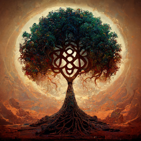 Beautiful illustration of magic tree of life, sacred symbol. Personal individuality, prosperity and growth concept.  Generative AIの素材