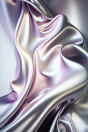 Silver iridescent abstract shiny plastic silk or satin wavy background. Luxurious and glamorous trendy design. Generative AI.の素材