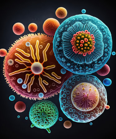 Background with macro shot of abstract colorful various bacteria, germs and viruses. Concept of science, medicine, microbiology. Generative AI.の素材