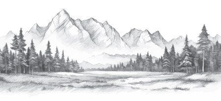 Hand drawn mountain range landscape. Panorama with rocky mountains skyline. Vector illustration.のイラスト素材