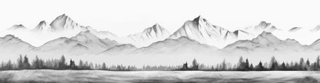 Hand drawn mountain range landscape. Panorama with rocky mountains skyline. Vector illustration.のイラスト素材
