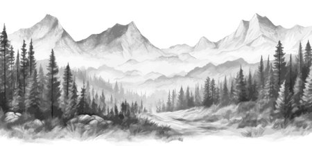 Hand drawn mountain range landscape. Panorama with rocky mountains skyline. Vector illustration.のイラスト素材